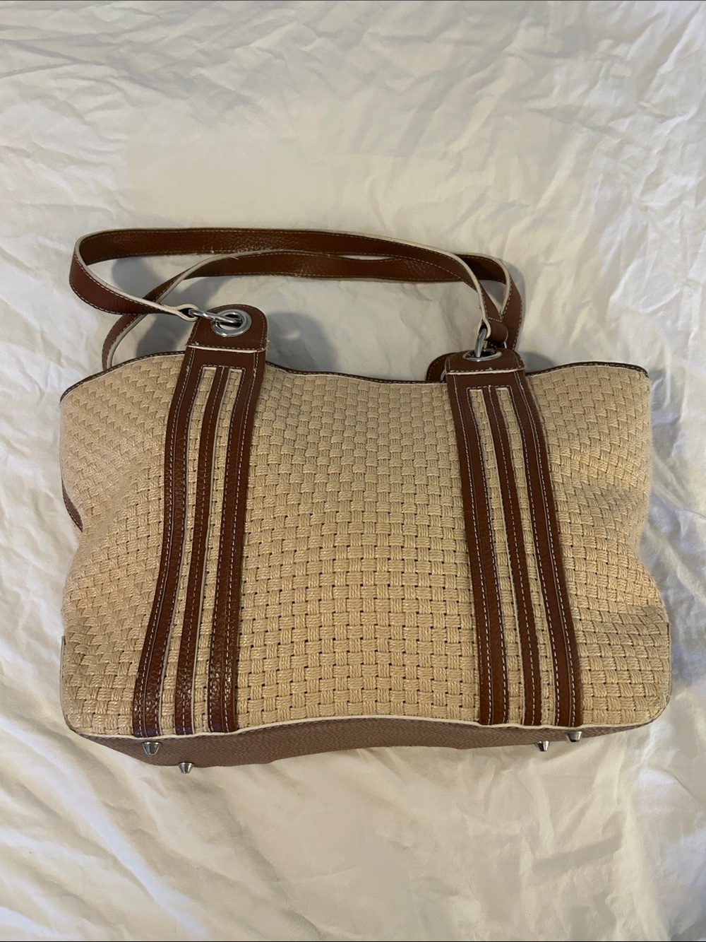 MAXX Woven Straw Tote Bag with Brown Trim